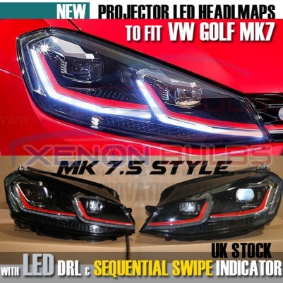 HEADLAMPS GOLF MK7 MK7.5 DRL BI XENON RED GTi DAYTIME RUNNING LIGHTS SEQUENTIAL